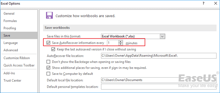 enable autosave in excel