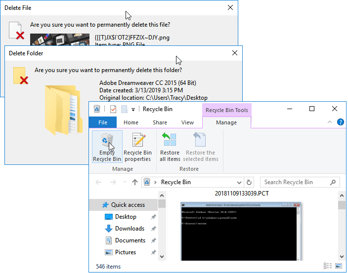 delete files folder from or empty recycle bin