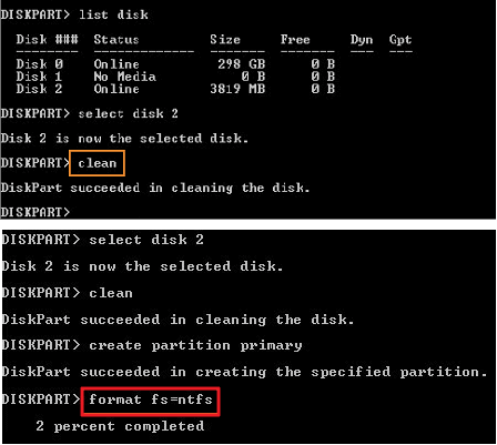 DiskPart clean and format command