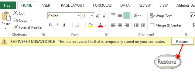 restore excel file that cannot be opened