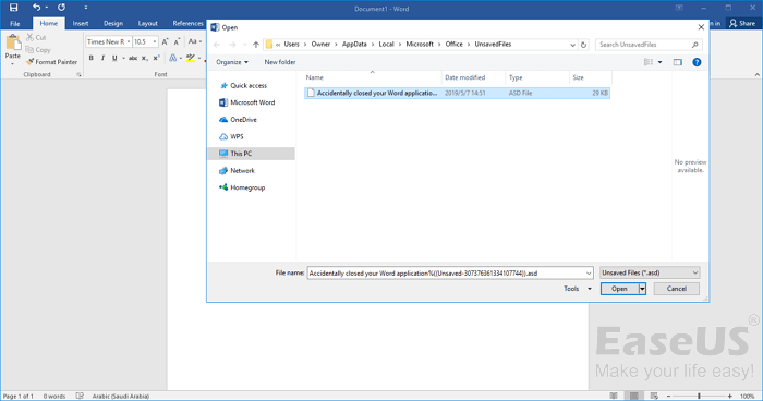 recover asd files from unsaved files folder in word